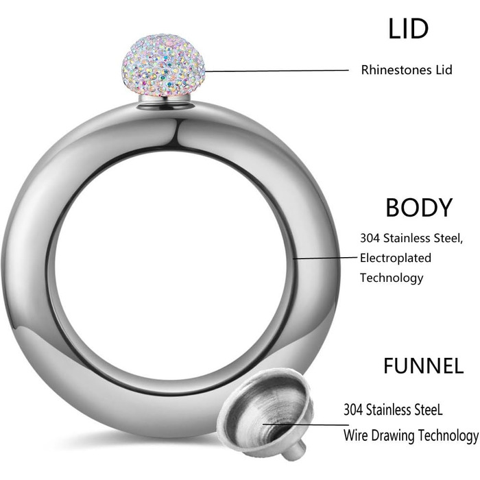Набір флакончиків Qingo з браслетом, перстнем та флаконом, креативний нержавіючий сталь, 304 сталь, 100 мл, чорний з кришкою зі стразами (рожевий з кришкою зі стразами)