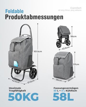 Складаний візок для покупок Homecall 50L з охолодженням, 3-в-1: візок, сумка-тележка, рюкзак (темно-сірий)