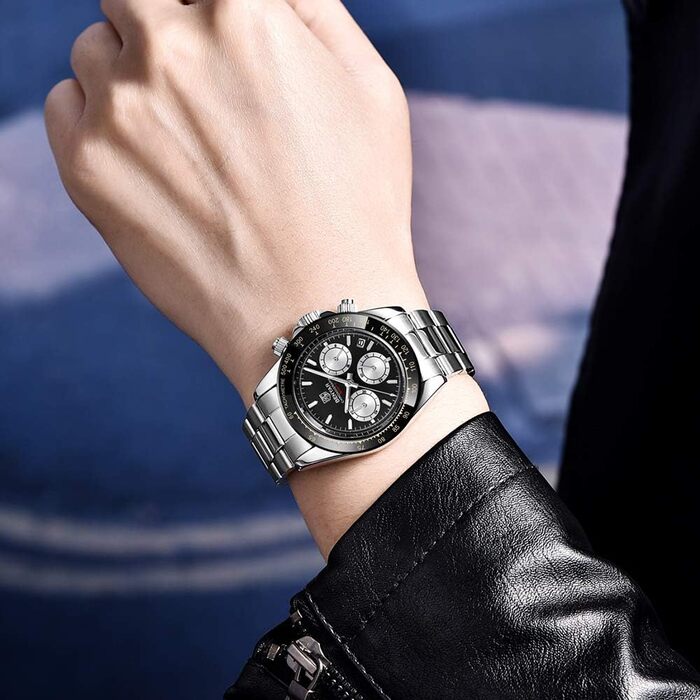 Чоловічий годинник BENYAR з кварцовим механізмом, аналоговий хронограф, бізнес-стиль, водонепроникний, з нержавіючої сталі, для відпочинку та спорту (чорний та білий)