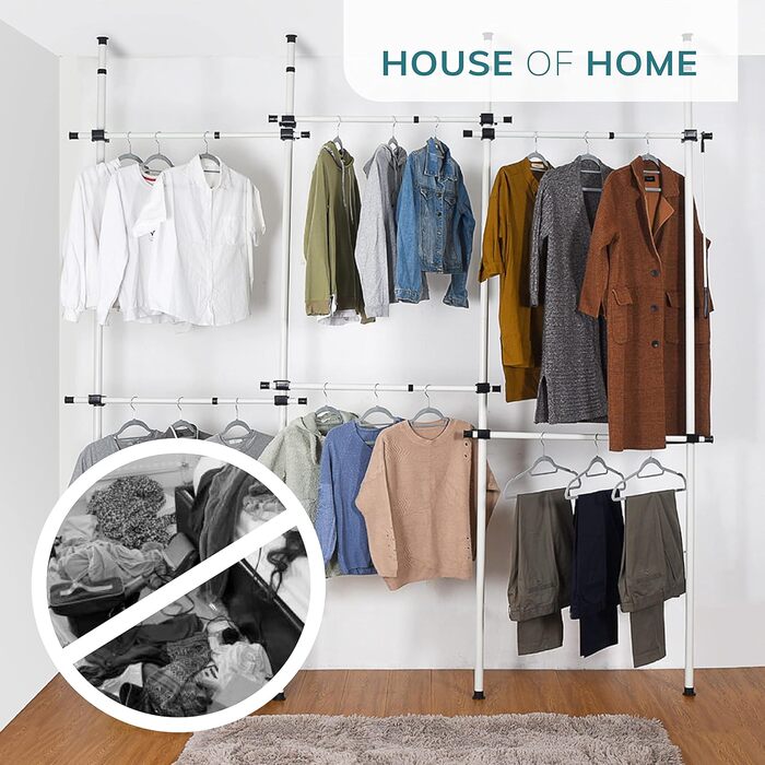 Robust, triple-extendable clothes rod by House of Home – Replacement for closet rod – Adjustable shelf support – Clothes storage