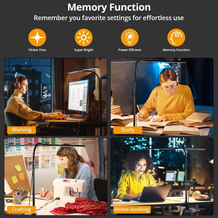 LED лампа настільна з двома головками, регулювання яскравості, 960 люмен, захист очей, 5 кольорів, 10 рівнів яскравості, для офісу та дому, чорна, 61 см