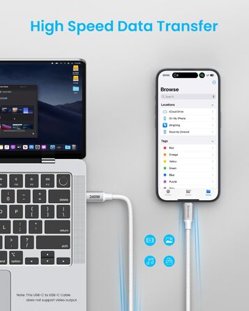 Кабель USB-C to USB-C 240W, 1м, білий. Швидка зарядка 5A. Сумісний з iPhone 15/16 Pro Max, Samsung Galaxy S25/S24 Plus/A16/A56