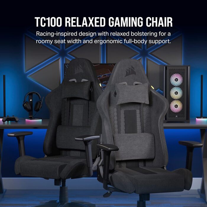 Ігрове крісло Corsair TC100 Relaxed, тканинне, ергономічне, з лендепідтримкою та подушкою з пам'яттю, регульовані підлокітники, сірий/чорний, сталевий каркас