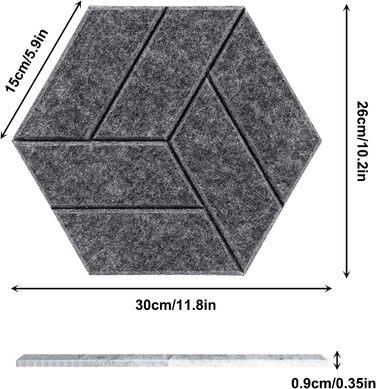 Акустичні гексагональні панелі самоклейні 30x26x0.9 см, звукопоглинаючий акустичний поролон для студії, офісу та геймерської кімнати, темно-сірий (12 шт.)