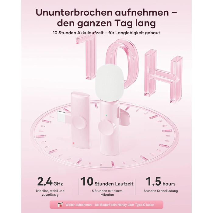 Беспроводной петличный микрофон 2шт, для iPhone, iPad, Android, с шумоподавлением, Plug & Play, для видео, подкастов, YouTube, TikTok (Рожевий)