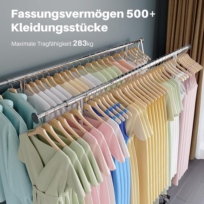 HOKEEPER Clothes Rack with Shelves, 450 kg Capacity, Rolling Clothes Rack, Portable Clothes Hanger, Chrome (D005)