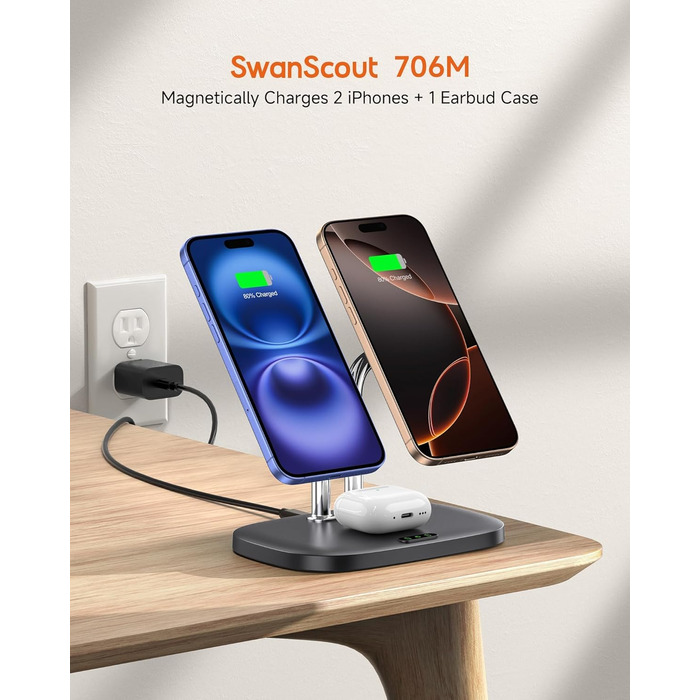 Бездротова зарядка SwanScout для iPhone 17/Air, AirPods Pro 3/2, 2 телефони, чорний