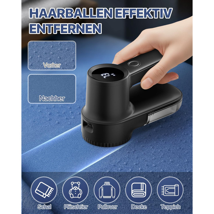 Електричний видалення ворсу Fusselrasierer: USB зарядка 2000mAh, LED-дисплей, 3 режими, 3 змінні насадки для одягу та ковдр (чорний)