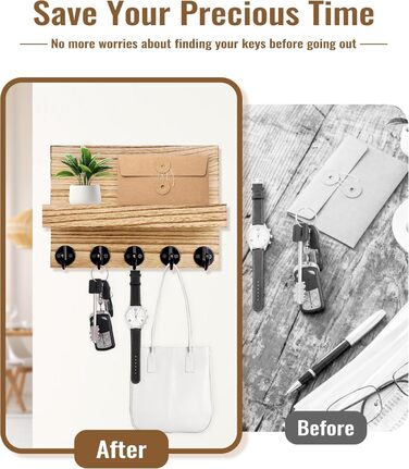 Дерев'яне ключниця з полицею на стіну, декоративне настінне кріплення для ключів, 5 гачків, для прихожої, спальні, вітальні (колір дерева)