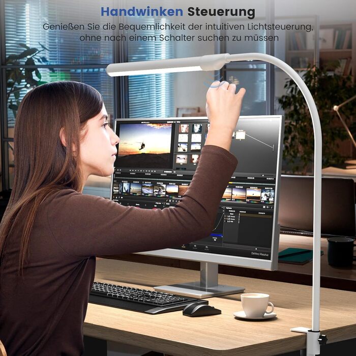 LED настільна лампа SIBI LIGHTING з жестами, 7W, 38 см, регульована яскравість, для роботи, навчання, ігор, білий