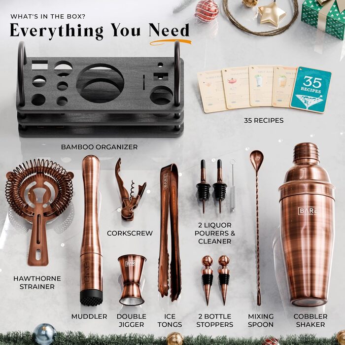 Набір бармена BARE BARREL® з 14 предметів: шейкер, аксесуари для приготування коктейлів, шейкер Cobbler 24oz, 35 рецептів, подарунковий набір