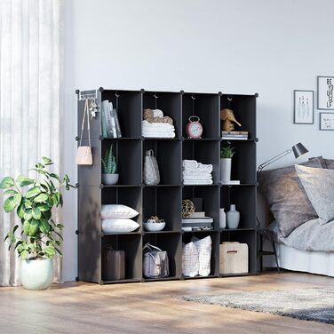 C&AHOME Cube Storage Shelves, 16-Cube Unit, Cabinet, DIY Plastic Modular Shelving, Ideal for Bedroom, Living Room, Office, 122 cm L x 31 cm W x 122 cm H, UPCS16M (Black)
