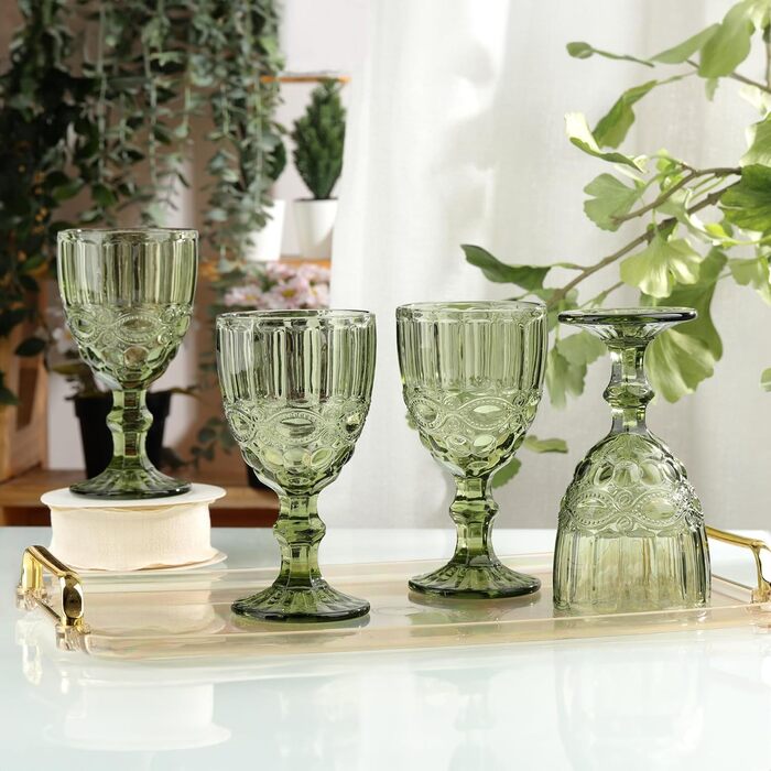 Joeyan 300ml Green Wine Glasses, Set of 4 Vintage Goblets with Cut Glass, Colored Wine Glass for Wine Juice Drinks, Red Wine Glasses White Wine Glasses Drinking Glasses with Stem, Dishwasher Safe