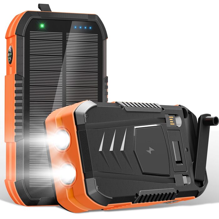 Портативний зарядний пристрій 70000mAh з сонячною панеллю: Power Bank з PD 30W, бездротова зарядка, 6 виходів USB, ліхтарик, компас, ручка для підзарядки, для кемпінгу та активного відпочинку, помаранчевий