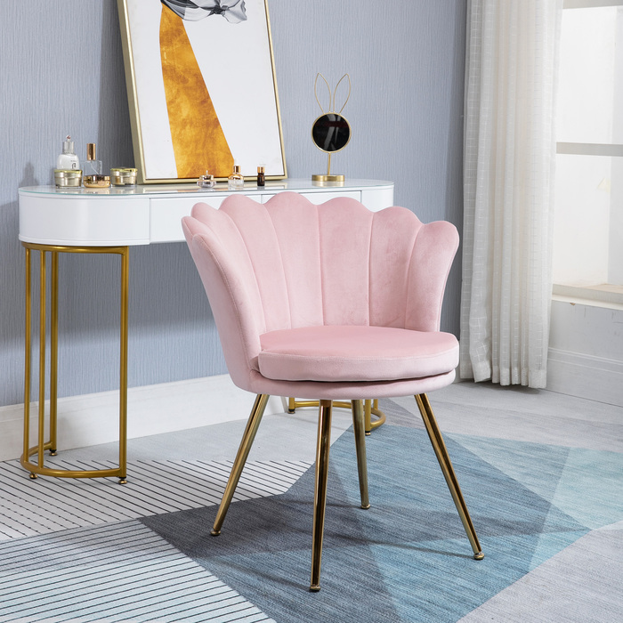 HOMCOM Armchair Living Room Relaxer Lounge Chair with Lotus Shape Upholstered Armchair with Metal Legs, Velvet Look, Single Armchair for Bedroom, Pink | Aosom