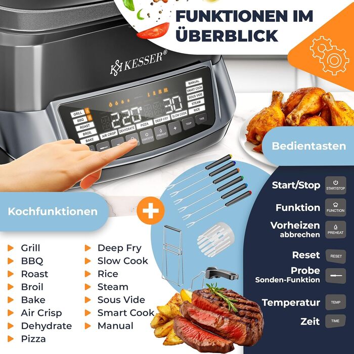Мультиварка KESSER® 8л з фритюрницею та 16 програм - гриль, випічка, тушкування, приготування на пару, підтримка тепла, швидка обробка, рисоварка, йогуртниця (антрацит)