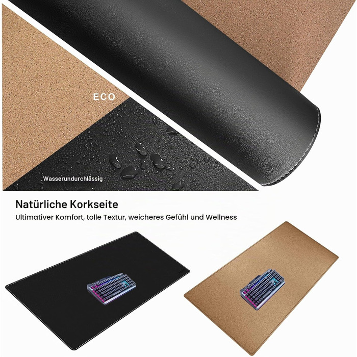 Великий килимок для столу Mydours (100 x 50 см) з екошкіри та корка, чорний — захисний настільний мат для мишки та клавіатури