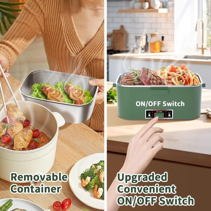 Electric Lunch Box 100W, 3-in-1 Portable Heated Lunch Box, Removable Stainless Steel Lunch Container, 12V/24V/220V Insulated Food Warmer for Car/Truck/Office, with Insulated Bag and Sponge (Green, 1.8 L)