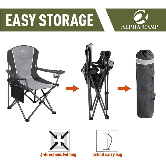 Кемпінговий стілець ALPHA CAMP складний, до 160 кг, з підлокітниками та тримачем для напоїв, сталевий каркас, чорно-сірий X-Large