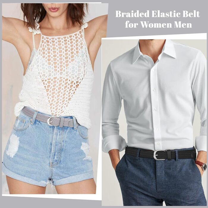 Жіночий плетеный еластичний пояс JASGOOD, льон, 2.5 см, чорний + сірий (срібна пряжка), розмір M (до 86 см)