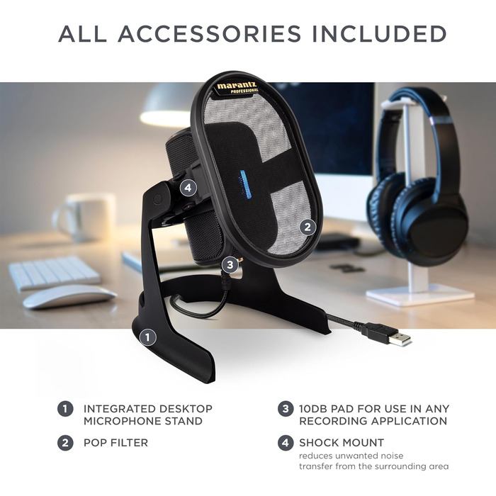Мікрофон конденсаторний Marantz Professional MPM-1000U з великою мембраною, USB, з нирковою характеристикою для подкастів, студії, геймінгу, з кабелем USB та кліпсою для мікрофона