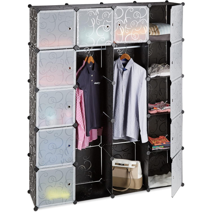 Relaxdays Modular Clothes Rack System with 2 Clothes Rails, Wardrobe with 14 Compartments, Plastic Shelving System, Black