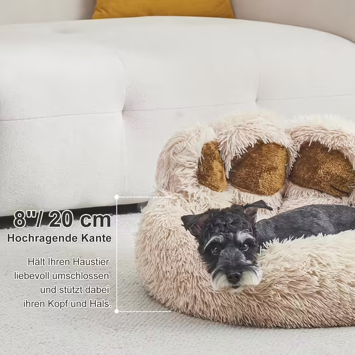 Jiupety Pet Round Dog Bed in Paw Shape, Soothing Donut Dog Bed, Faux Fur Cat Bed, Medium Size. The diameter is 56cm, comfortable and soft, machine washable (L 66 cm x W 66 cm x H 20 cm, Camel)