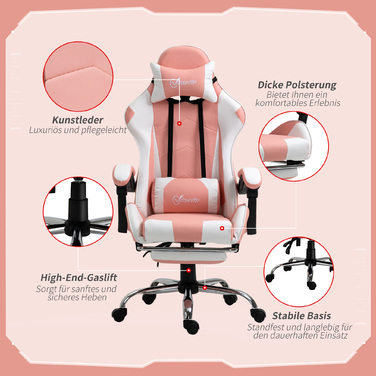 Vinsetto Gaming Chair, Computer Chair, Ergonomic Office Chair with Headrest and Lumbar Pillow, Height Adjustable, 360° Swivel, Pink+White | Aosom