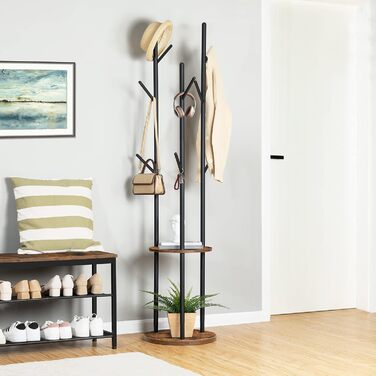 HOOBRO Coat Rack, Freestanding Clothes Rack, Tree-Shaped Wardrobe with 8 Hooks, 2 Round Shelves, for Clothing, Hat, Bag, Living Room, Bedroom, Office Dark Brown-Black EBF33YM01G1