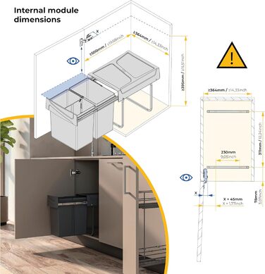 Відро для сміття кухонне Emuca з підвісною системою, 2 висувні контейнери по 20 л, загальний об'єм 40 л (2 x 20 л), сталь та пластик, антрацитовий колір