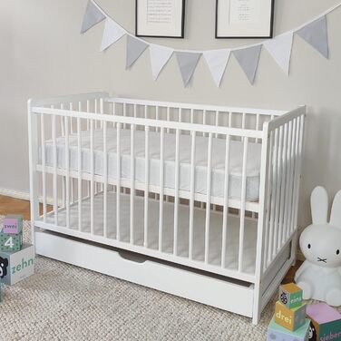 Kids Collective Baby Bed with Drawer, Toddler Bed, Crib, 60x120 cm, Adjustable Height & Removable Slats, Optional with Mattress | White, Very Stable, Made in Europe, 124L x 65W x 87H cm, White with Drawer
