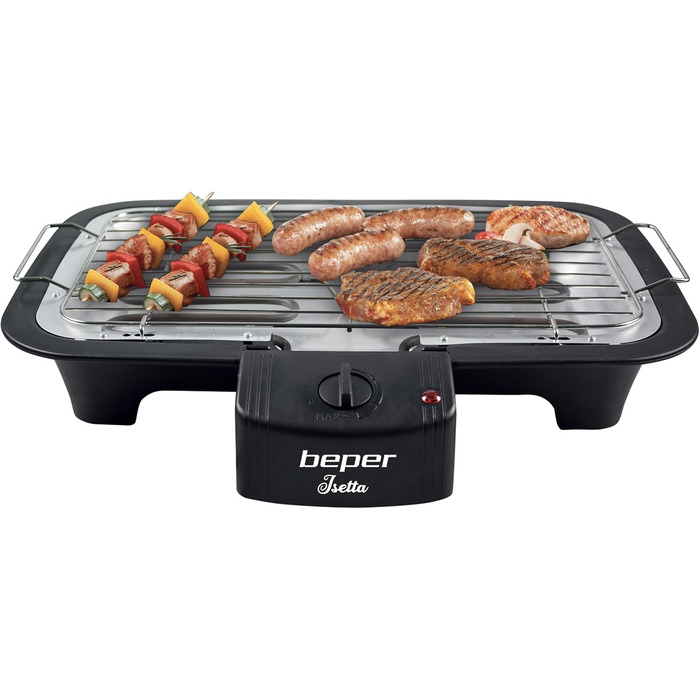 BEPER Electric Grill with Glass Lid - Coated Grill Plate, Stainless Steel, Black (2000W)