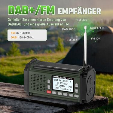 Радіоприймач PRUNUS J-924D: DAB+/UKW, радіоприймач-кринка з акумулятором 10000mAh, Bluetooth, ліхтарик, SOS, зарядка для телефону. Зелений
