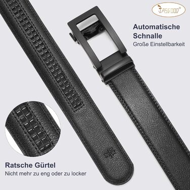 Чоловічий шкіряний ремінь JasGood з автоматичною застібкою, ширина 35 мм, чорний, 130 см (для талії 101-115 см)