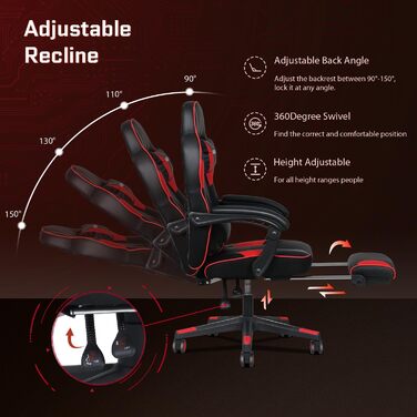 Геймерське крісло Fullwatt Racing з масажем, підставкою для ніг та регульованою спинкою (90-150°) - сіре (червоно-чорне) - для дорослих