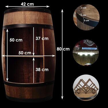 CREATIVE COOPER Fass bar LED RGB with Wine Holder - Wine Rack - Barrel Bar House Bar 80x50cm - Rustic Decor Bar Cabinet Wine Stand – Wine Cabinet (Dark Brown)
