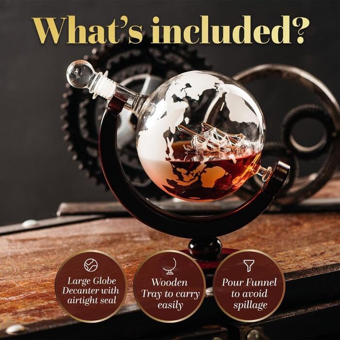 Kemstood Whisky Decanter Globe Set (850 ml) - Elegant Whiskey Decanter with Glasses, Wooden Stand, and Engraved World Map - Whiskey Gift Set/Gifts for Men Who Have Everything, Whiskey Decanter