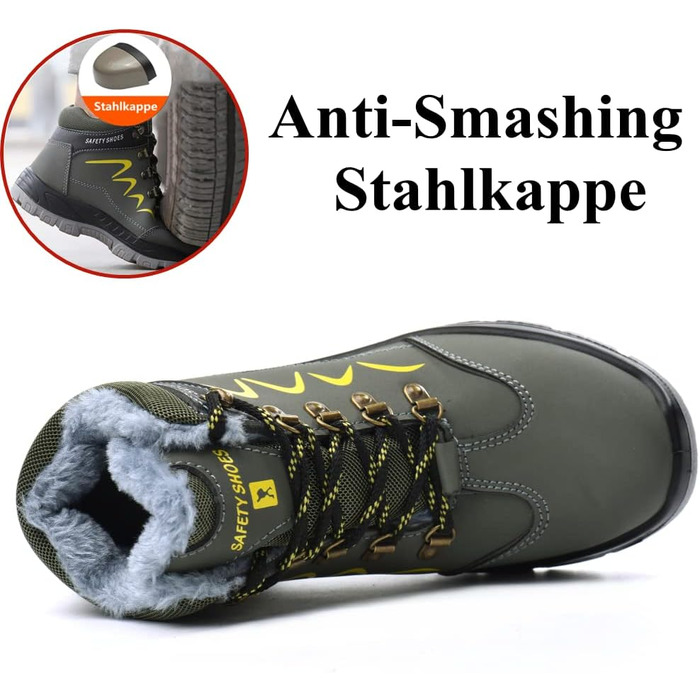 Зимові робочі черевики для чоловіків та жінок. Безпечні черевики S3 з металевим носком. Легкі, теплі, захисні черевики. Розміри 35-48 (36 EU). Колір: зелений