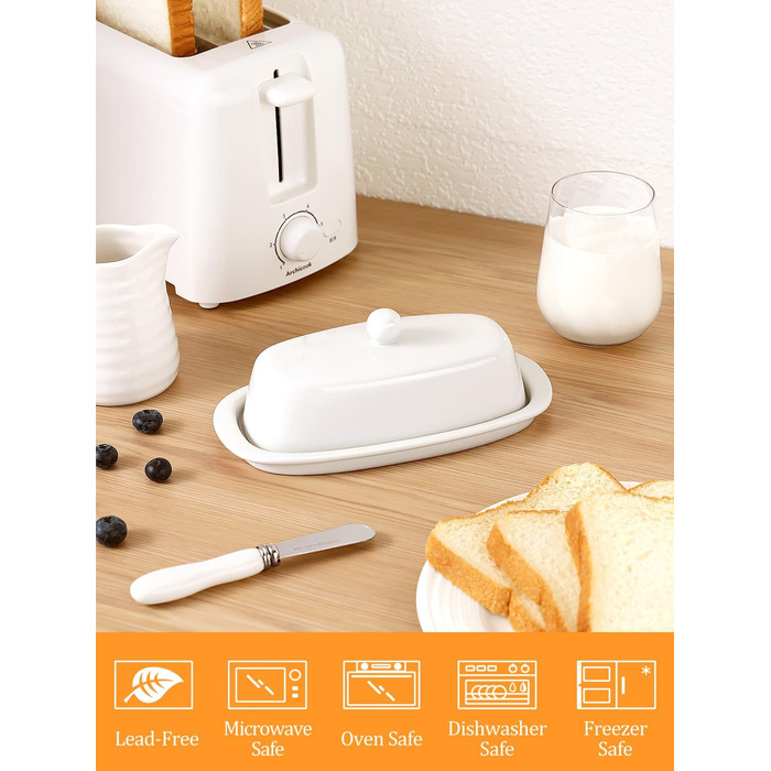 Ceramic Butter Dose with Lid and Knife for Countertop Refrigerator, 20.3 cm, White Butter Holder with Porcelain Lid Knob, Handle for East-West Butter Sticks