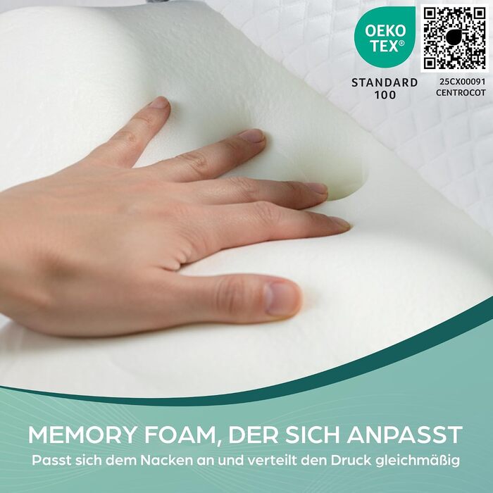 Ергономічна подушка для шиї Flowen з ефектом пам'яті (Memory Foam) від болю в шиї, антихрапіння, для всіх позицій сну, біла, зі знімним чохлом