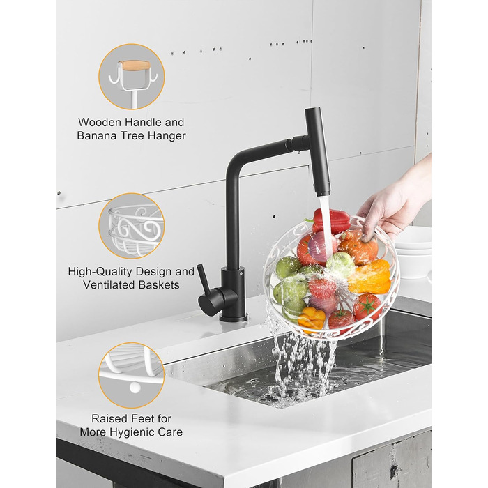 Двоярусний фрутовий кошик Couwilson з підвісною конструкцією для бананів, дерев'яною ручкою та відсіком для овочів. Підходить для зберігання фруктів, овочів, хліба, цибулі та картоплі.