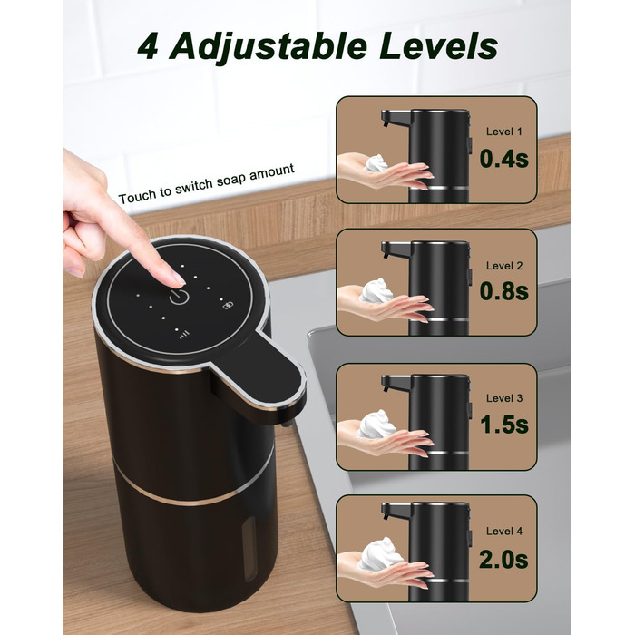 Автоматичний диспенсер для мила Dalugo USB-C, електричний сенсорний дозатор мила з регулюванням 4 рівнів, для кухні та ванної кімнати (білий, чорний, пінистий)