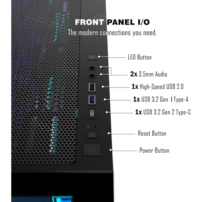 Ігровий корпус для ПК ANSAITE ATX Mid-Tower, 6 ARGB PWM вентиляторів, панорамне загартоване скло, USB Type-C, підтримка радіатора 360мм, Чорний