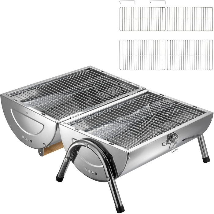 BBQ гриль із нержавіючої сталі tectake, велика подвійна решітка, для вугілля, срібний