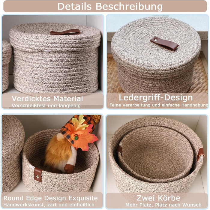Yearonan 2 PIECE Cosmetic Storage Basket with Lid Storage Box Natural Cotton Yarn Material Washable Decorative Basket Leather Label Handle Storage Basket Set 30X17(cm)/25X13.5(cm) (White)