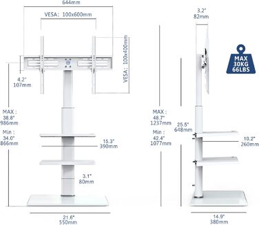 Підставка для телевізора FITUEYES біла, на підлогу, поворотна, регульована по висоті, для телевізорів 32-60 дюймів (плоских та curved), до 30 кг, VESA 600x400