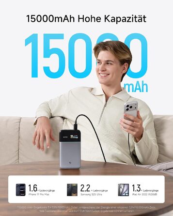 Повербанк CUKTECH 15 Air 15000mAh 100W з цифровим дисплеєм та швидкою зарядкою USB-C для iPhone 16/15/14/13, Samsung Galaxy, iPad, ноутбуків Dell