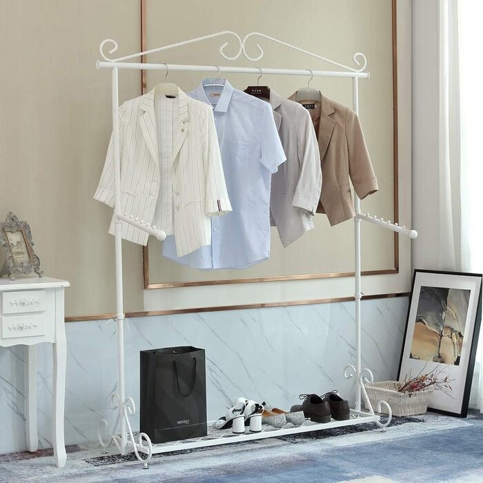 Clothes Rack Clothes Rail Coat Rack with Shoe Shelf, Width 136cm, Vintage Style Metal, Height Adjustable from 126 to 200 cm (White)