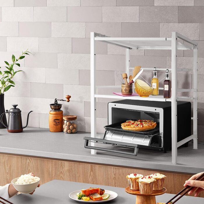 Поличка для мікрохвильової печі, 3 яруси, органайзер з гачками, розширювана, 40-64 см, з вуглецевої сталі, білий