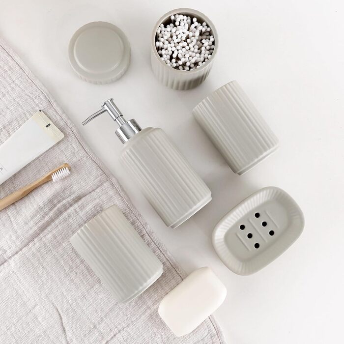 Набір для ванної кімнати NOVAJOY, кераміка, 5 предметів: мильниця, дозатор мила, тримач для зубних щіток, контейнер для ватних паличок, декор для ванної кімнати преміум-якість (абрикосовий сірий)